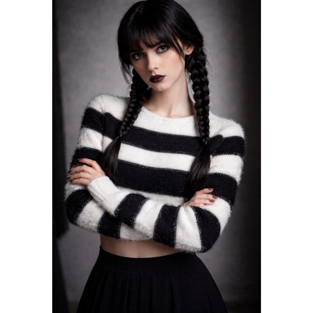 Y2K Inspired Fuzzy Striped Sweater S Black White Soft Grunge Wednesday Addams